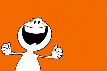 A smiling white cartoon character on an orange background.の写真素材