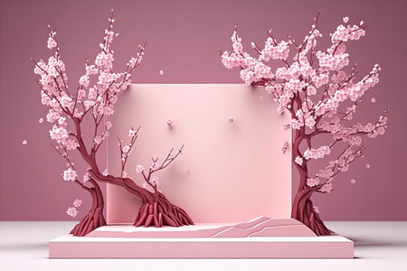 The pink square base has cherry blossoms on top. on a pink background. Premium podium For product...