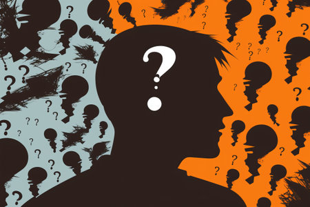 Shadow of the person with many questions in his head, wondering, searchingの写真素材