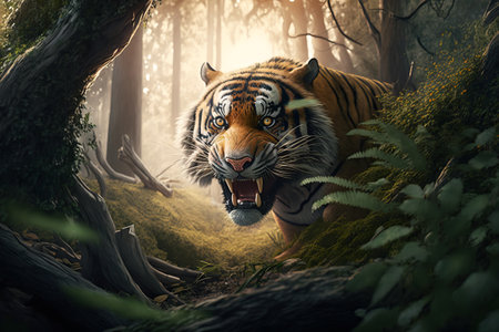 Tiger stands in the deep forest, mystical depths of the forest between shadows with wild animals standing in the botanical landscape.の写真素材
