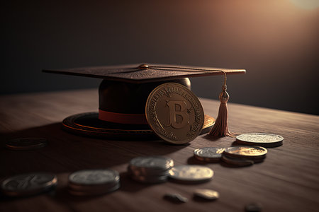 Graduation and coins on the black backgroundの写真素材