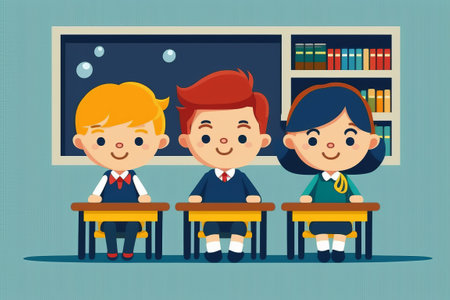 Three students in his classroom with smiling faces.の写真素材