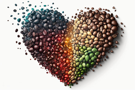 Green and red coffee beans placed in a heart shape on a white background.の写真素材