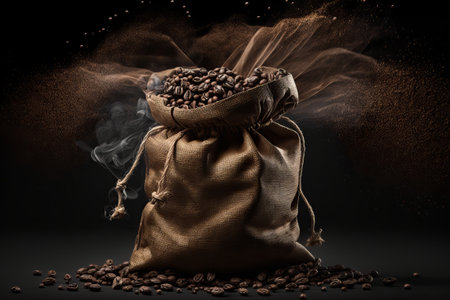 smoked coffee bean bag background, roasted coffee beans, on black backgroundの写真素材