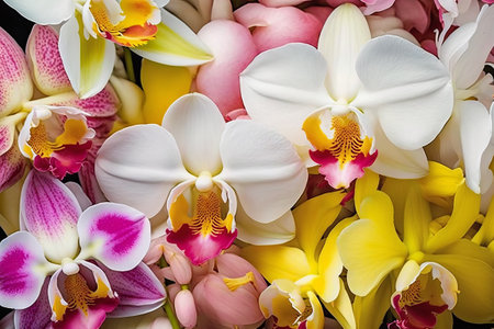 Beautiful yellow and white purple orchids on a white background.の写真素材