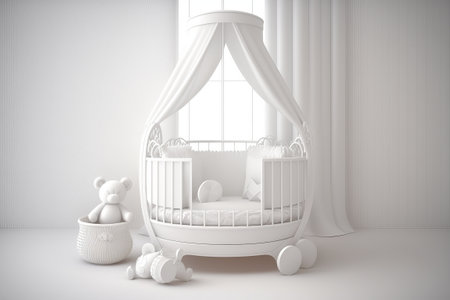 white baby bedroom with pillows and crib background in roomの写真素材