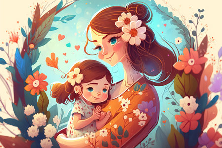 Woman holding a child in her arms. Mother hugging her children. Mother's Day. Women's Day. on a background with flowersの写真素材