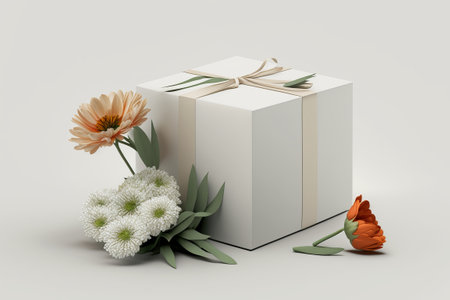 White gift box with flowers on the side on a white background.の写真素材
