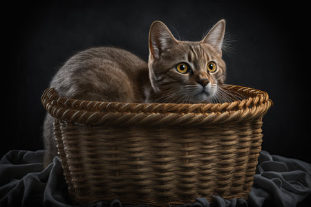 Young cat sleeping in a basket on a black backgroundの写真素材