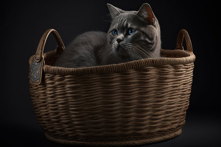 Young cat sleeping in a basket on a black backgroundの写真素材