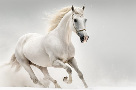 Beautiful white horse running on a white backgroundの写真素材