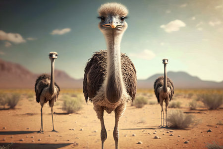 An ostrich stands in the desert behind a mountain.の写真素材