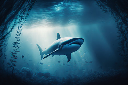A big shark floats in the sea under the sea.の写真素材