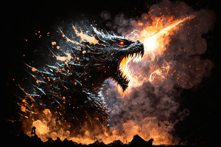 Red giant dragon spits fire on dark background. Mythical creature.の写真素材