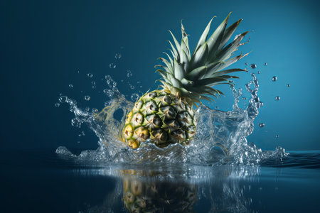 Falling pineapple, water splash on blue background illustrationの写真素材
