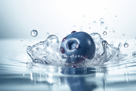 blueberry falling in water water splash on blue background illustrationの写真素材