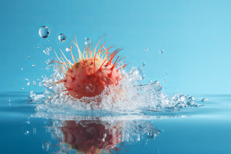 Rambutan falling water splashing water on a blue background illustrationの写真素材