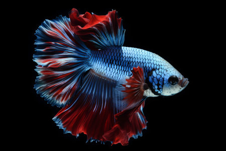 Blue and red betta fish is on a black background, illustration.の写真素材