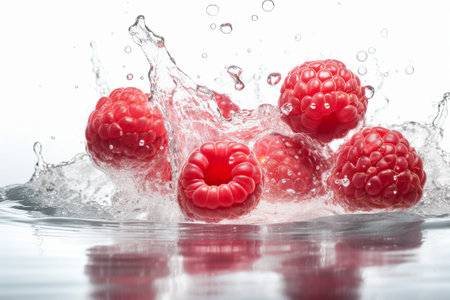 Fresh raspberries falling in water on white backgroundの写真素材