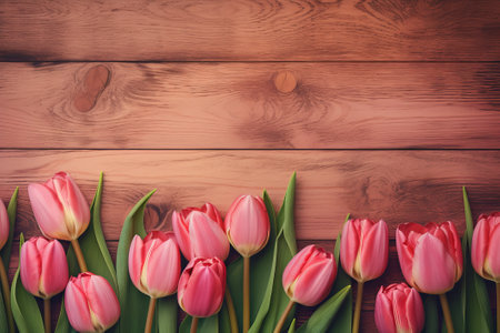 Bouquet of pink tulips on vintage wooden background, spring pink colorの写真素材