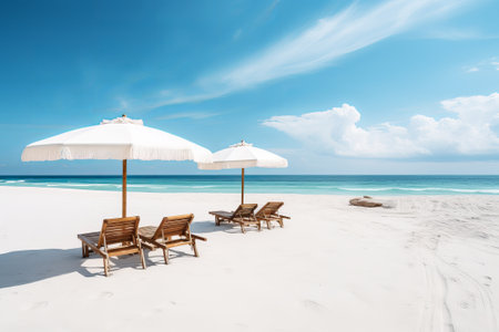 Beautiful beach, white sand chairs and umbrellas on the beach.の写真素材