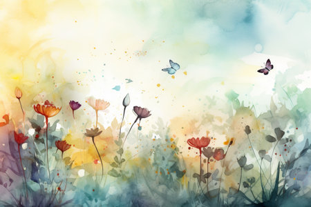 Watercolor painting of a spring meadow full of blooming flowers.の写真素材