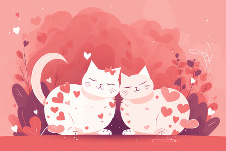Cat couple hugging cudling and kissing.Valentines poster. Love backgroundの写真素材