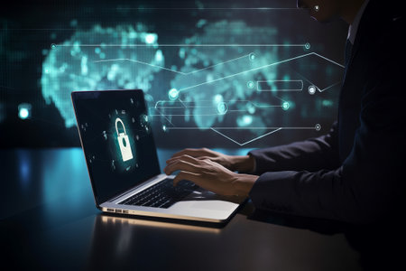 Businessman and technology cybersecurity network silhouette of businessman usingの写真素材