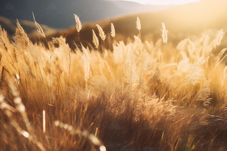Alpen meadow in autumn with yellow fluffy hay in golden sunlight at sunset in close up with blur.の写真素材