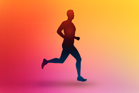 silhouette of a running man on a yellow and orange backgroundの写真素材