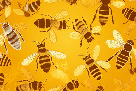 Seamless bees patterned tiled background Cute watercolor print with yellow honeycomb and bees.の写真素材