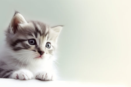 Cute little cat on isolated pink backgroundの写真素材