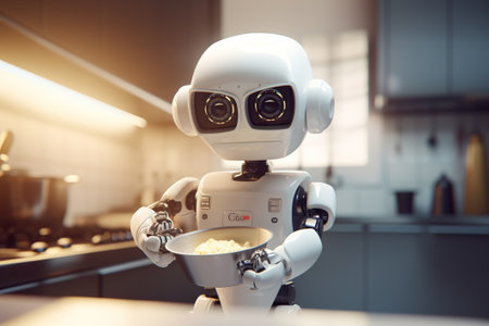 white robot holding a spoon.illustrationの写真素材