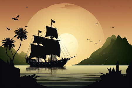 the silhouette of a barque on the river illustrationの写真素材