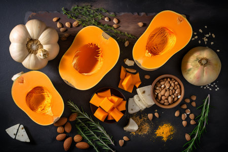 Half Raw Organic Butternut Squash on Stick with Spicesの写真素材