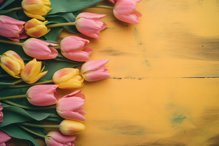 Pink and yellow tulips on yellow vintage wooden background, springの写真素材