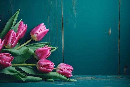 Pink tulips on green vintage wooden background, springの写真素材