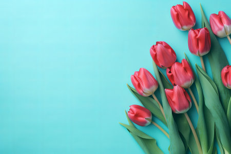 Red tulips on green vintage wooden background, springの写真素材