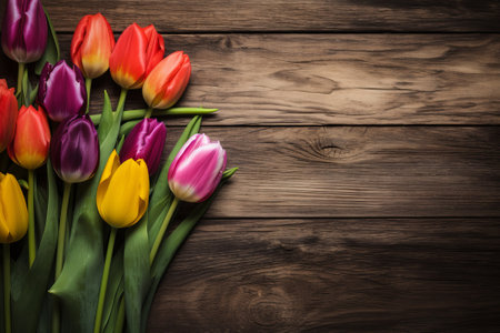 Colorful tulips on vintage wooden background, springの写真素材