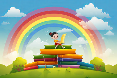 cartoon cute kid reading a book on stack of books illustrationの写真素材