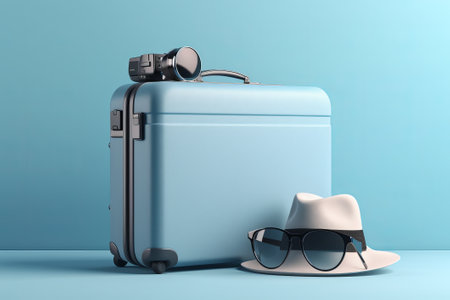 Blue suitcase with hat and sunglasses on blue backgroundの写真素材