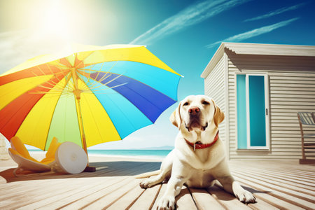 dog on summer vacation background illustrationの写真素材