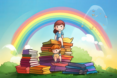 cartoon cute kid reading a book on stack of books illustrationの写真素材
