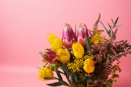 Beautiful bouquet of tulips and mimosa. Generative ai illustration.の写真素材