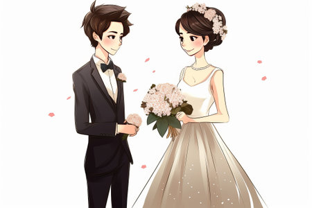 Husband and wife wedding ceremony illustration from generative aiの写真素材