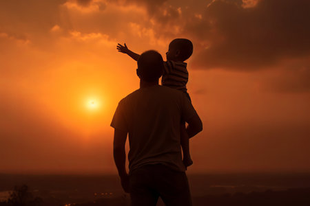A man holds his son on his shoulder illustration from generative aiの写真素材