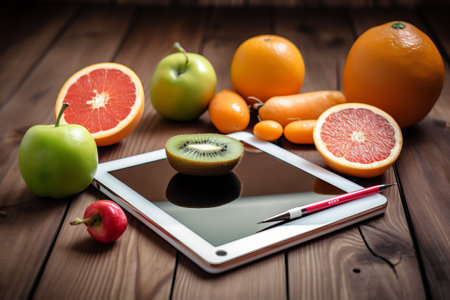 tablet computer on a wooden table with fruit illustration from generative aiの写真素材