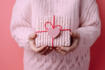 Hands holding open gift box with red bow on pink back illustration from generative aiの写真素材
