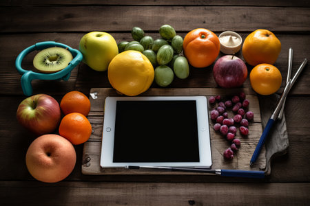 tablet computer on a wooden table with fruit illustration from generative aiの写真素材