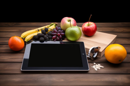tablet computer on a wooden table with fruit illustration from generative aiの写真素材